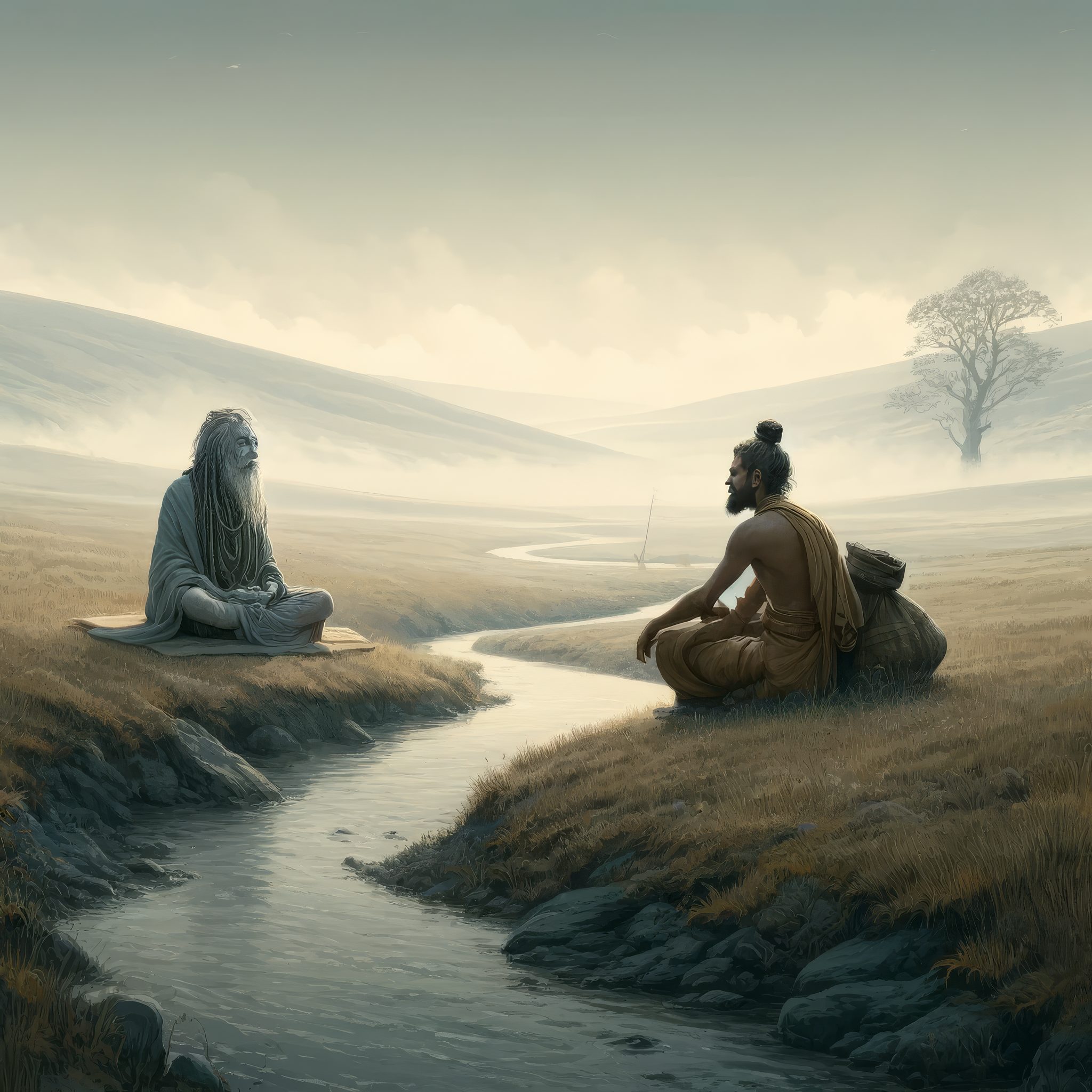 The Wanderer, a seeker of truths, pauses in contemplation before a wise sadhu by a stream, marking a pivotal point in his journey of self-discovery.