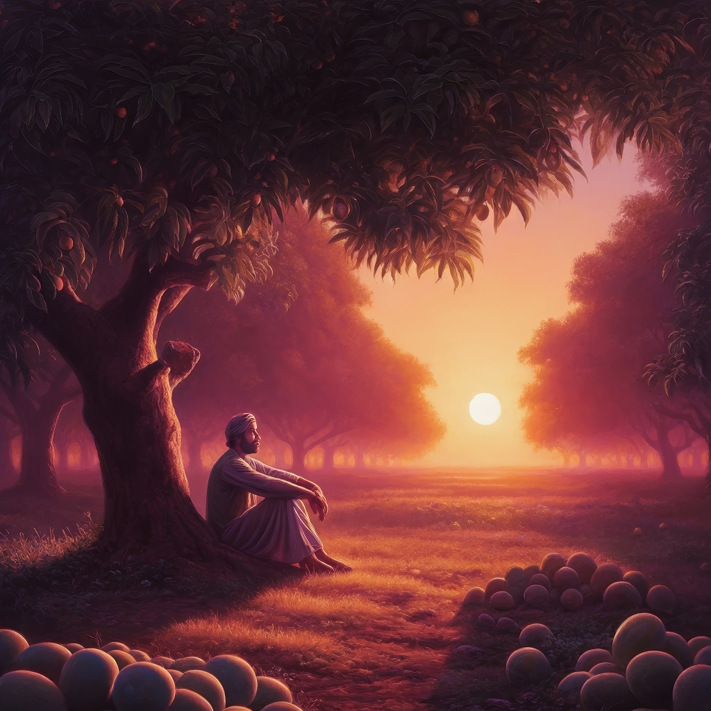 Man sitting under a mango tree at sunset reflecting on life